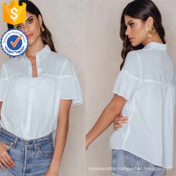 White Collared Neckline Short Flounce Sleeves Summer Shirt Blouse Manufacture Wholesale Fashion Women Apparel (TA0041B)